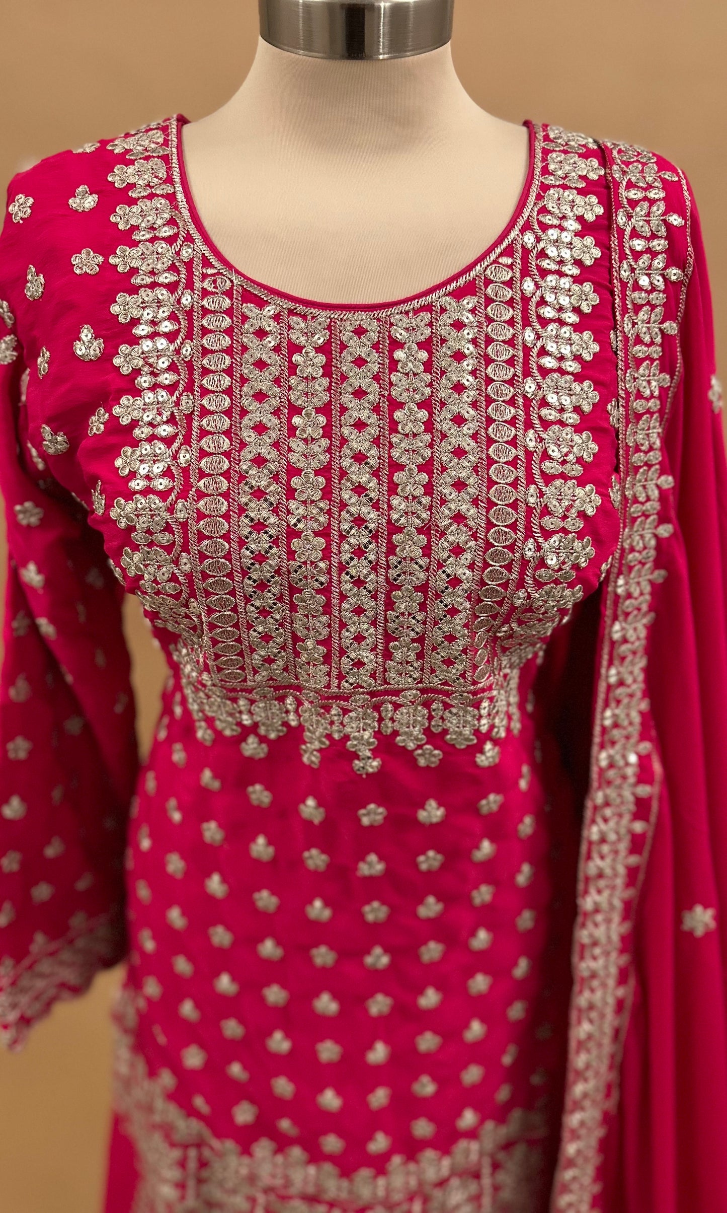 Sequin Work Embroiderey Magenta Color Palazzo Suit On Chinon Fabric With Dupatta