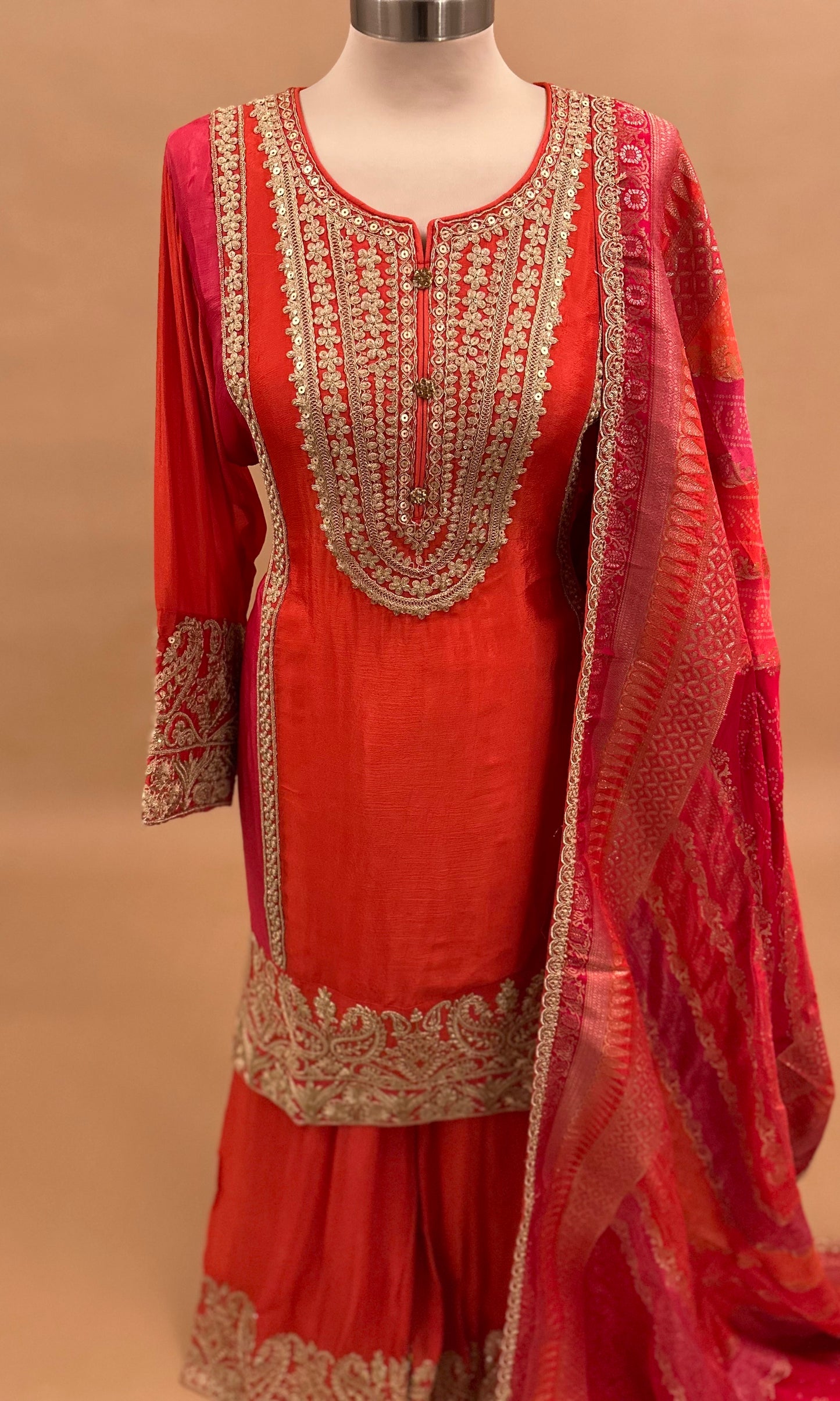 Sequin Work Embroiderey Contrast Color Pant Palazzo Suit With Contrast Dupatta