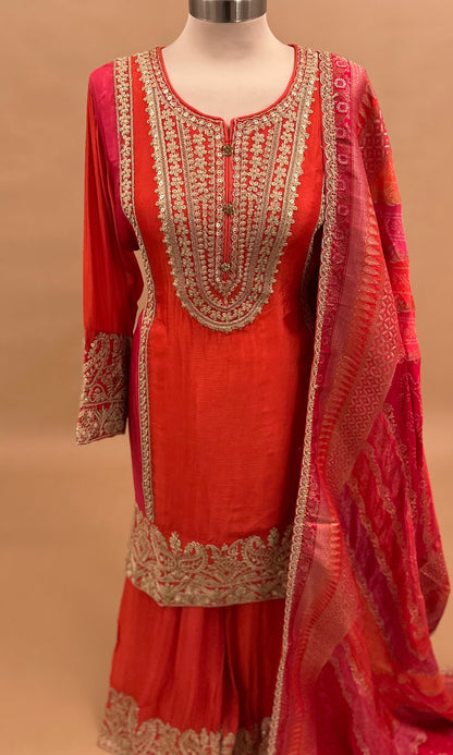 Sequin Work Embroiderey Contrast Color Pant Palazzo Suit With Contrast Dupatta