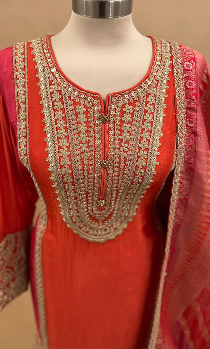Sequin Work Embroiderey Contrast Color Pant Palazzo Suit With Contrast Dupatta