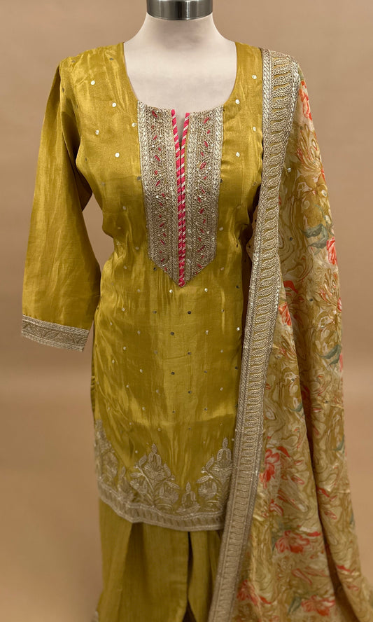 Yellow Color Party Wear Palazzo Suit With Printed Dupatta