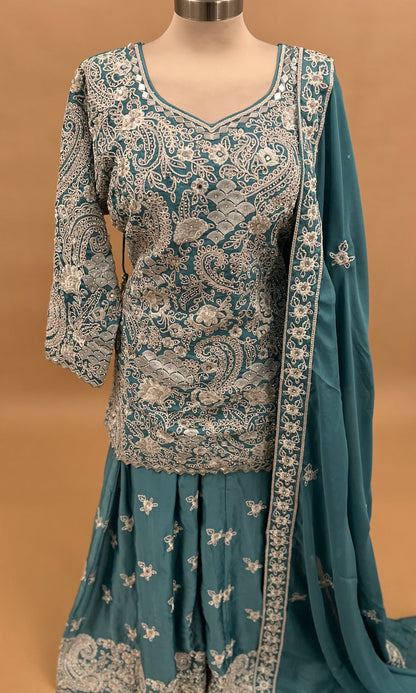 Heavy Stone And Mirror Work Embroiderey Party Wear Blue Color Palazzo Suit With Dupatta