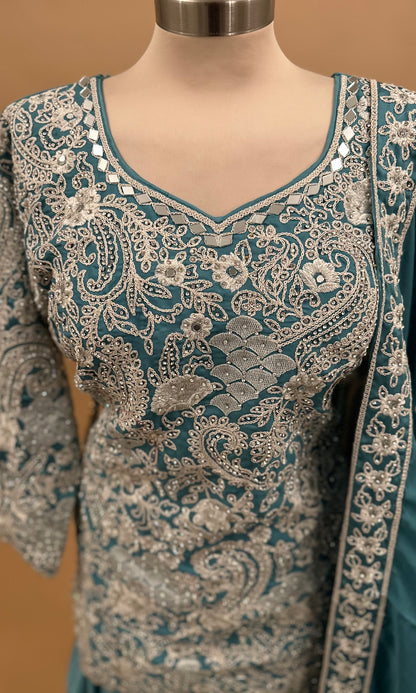 Heavy Stone And Mirror Work Embroiderey Party Wear Blue Color Palazzo Suit With Dupatta