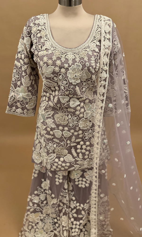 Aari Work Embroiderey On Net Fabric Purple Color Palazzo Suit With Dupatta