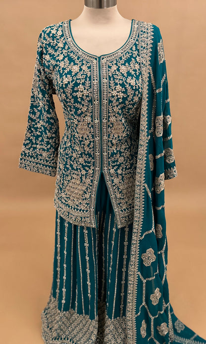 Short Kameez Indo Western Heavy Party Wear Palazzo Suit In Blue color With Dupatta