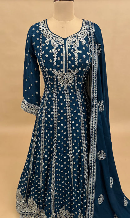Heavy Stone Work Embroidery Teal Color Party Wear Long Dress