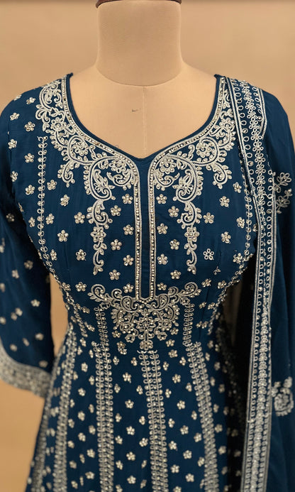 Heavy Stone Work Embroidery Teal Color Party Wear Long Dress