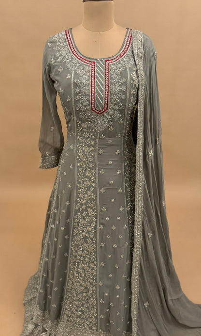 Georgette Fabric Grey Color Party Wear Long Dress With Dupatta