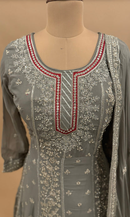 Georgette Fabric Grey Color Party Wear Long Dress With Dupatta