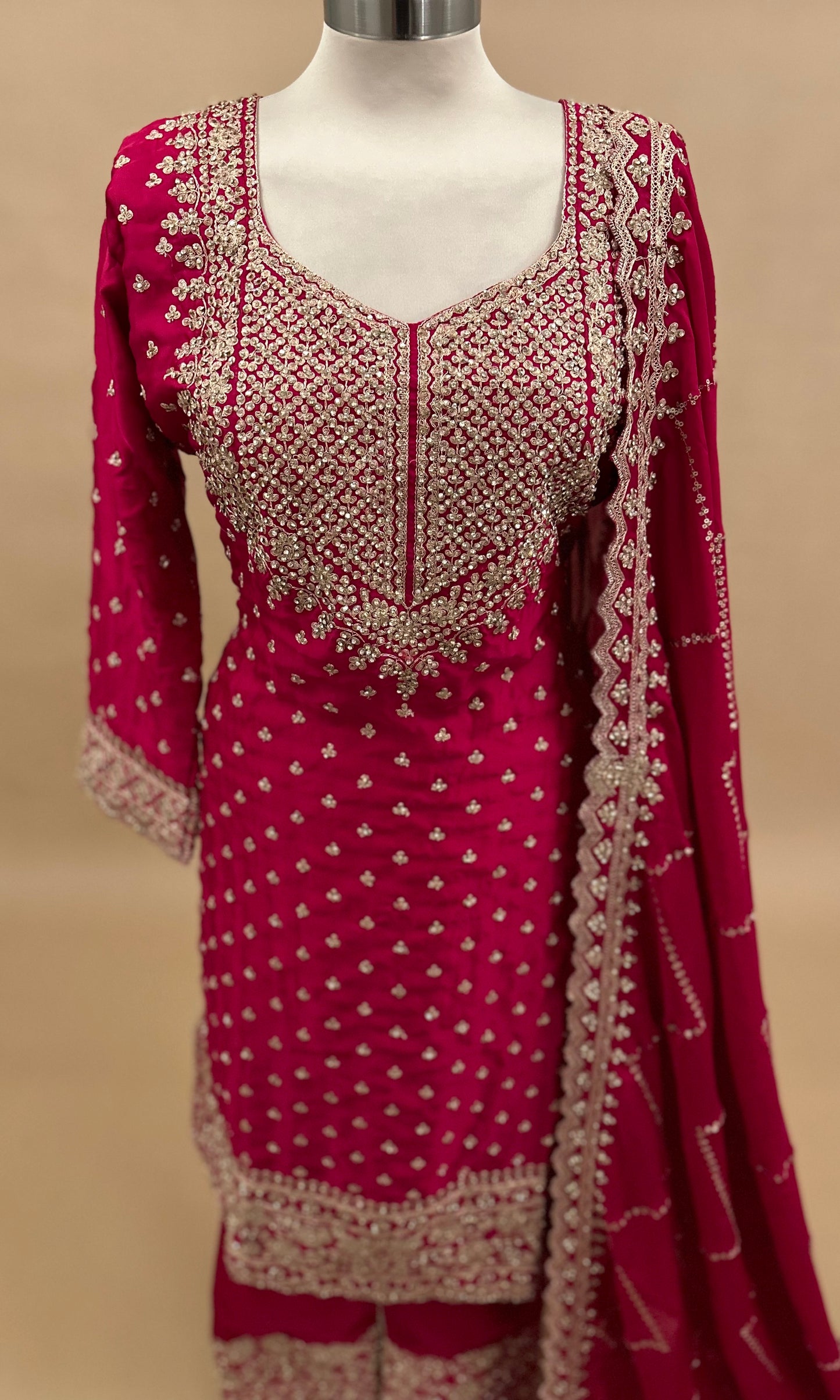 Magenta Color Golden Stone Work Embroiderey Long Kameez Suit With Pant On Bottom