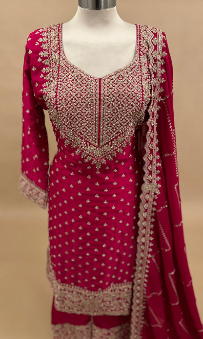 Magenta Color Golden Stone Work Embroiderey Long Kameez Suit With Pant On Bottom