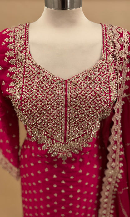 Magenta Color Golden Stone Work Embroiderey Long Kameez Suit With Pant On Bottom
