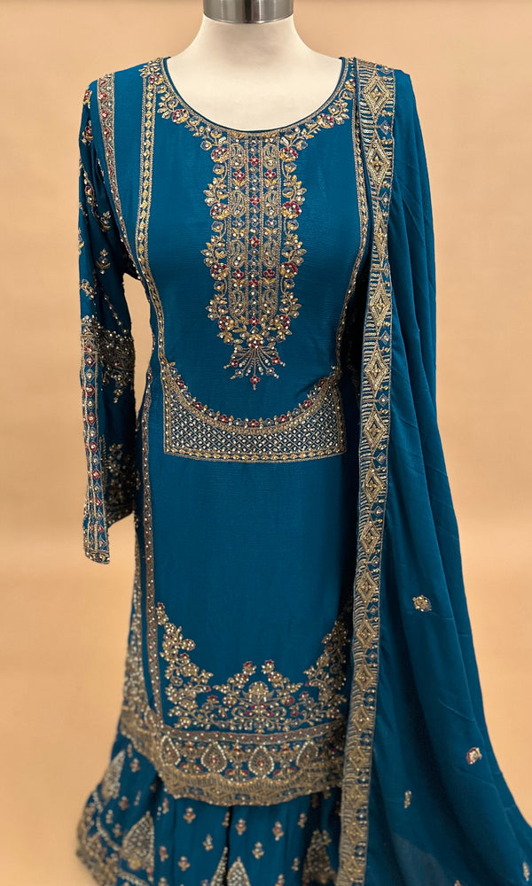 A Line Sleeves Blue Color Heavy Palazzo Suit With Dupatta