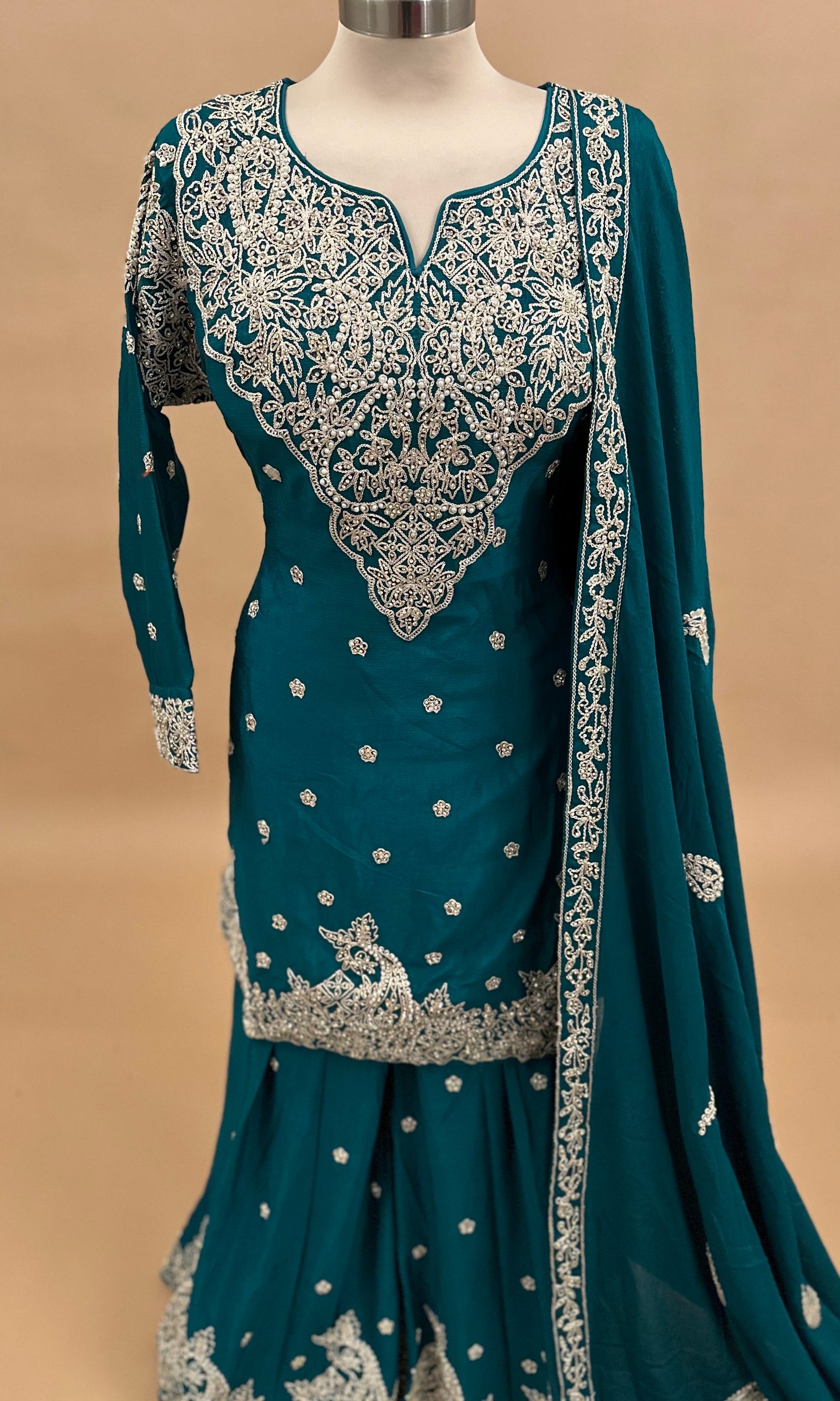 Teal Green Color Pearl And Stone Work Embroiderey Chinon Fabric Palazzo Suit