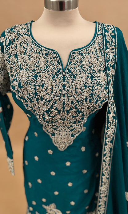 Teal Green Color Pearl And Stone Work Embroiderey Chinon Fabric Palazzo Suit