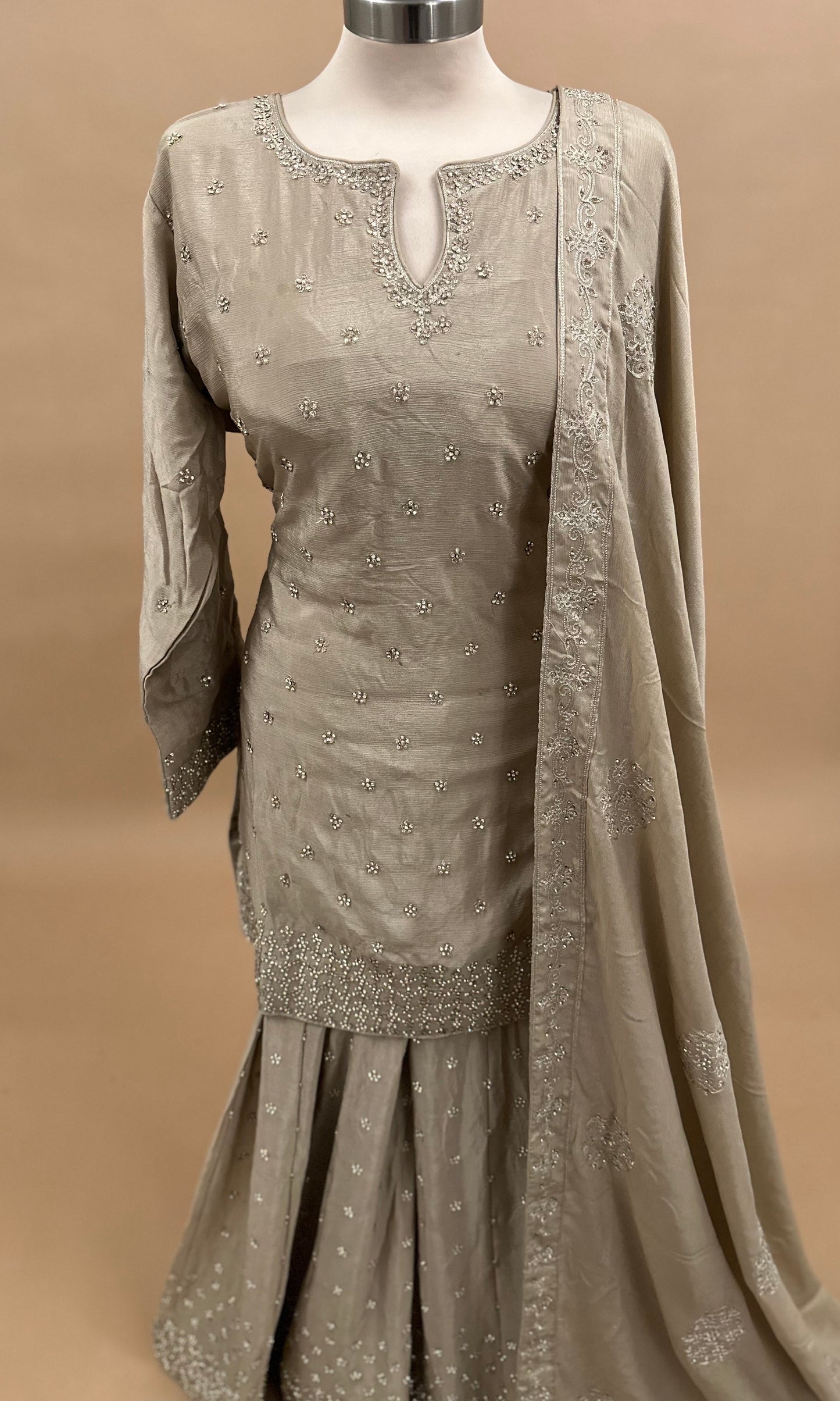 Stone Work Embroidery Light Champagne Color Party Wear Palazzo Suit