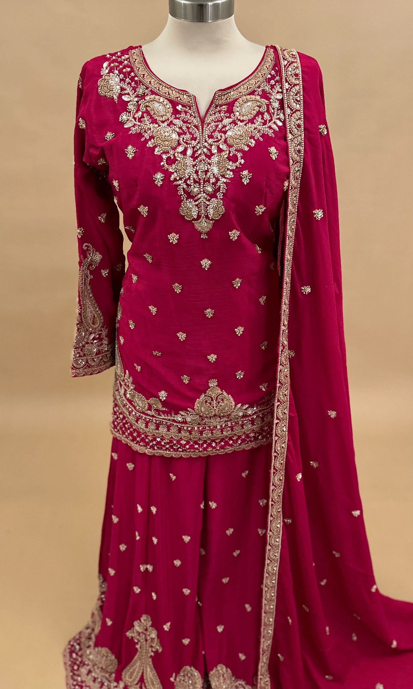Pinkish Red Color Hand Work Embroidered Party Wear Palazzo Suit With Dupatta