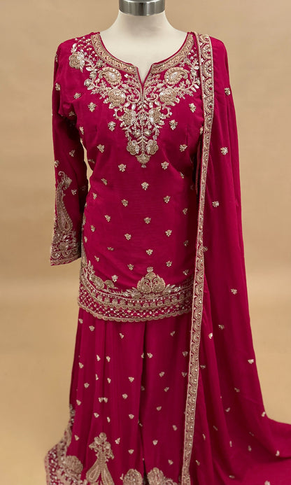 Pinkish Red Color Hand Work Embroidered Party Wear Palazzo Suit With Dupatta