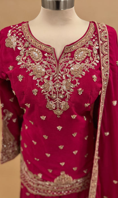 Pinkish Red Color Hand Work Embroidered Party Wear Palazzo Suit With Dupatta