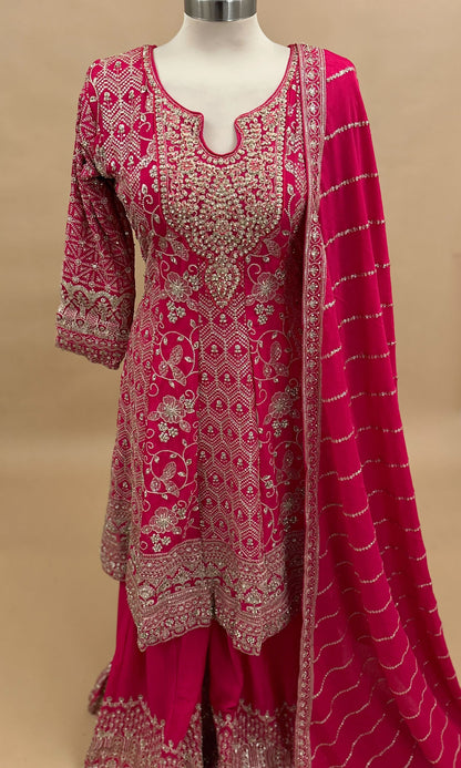 Heavy Stone Work Embroiderey Pinkish Red Color A Line Anarkali Palazzo Suit With Dupatta