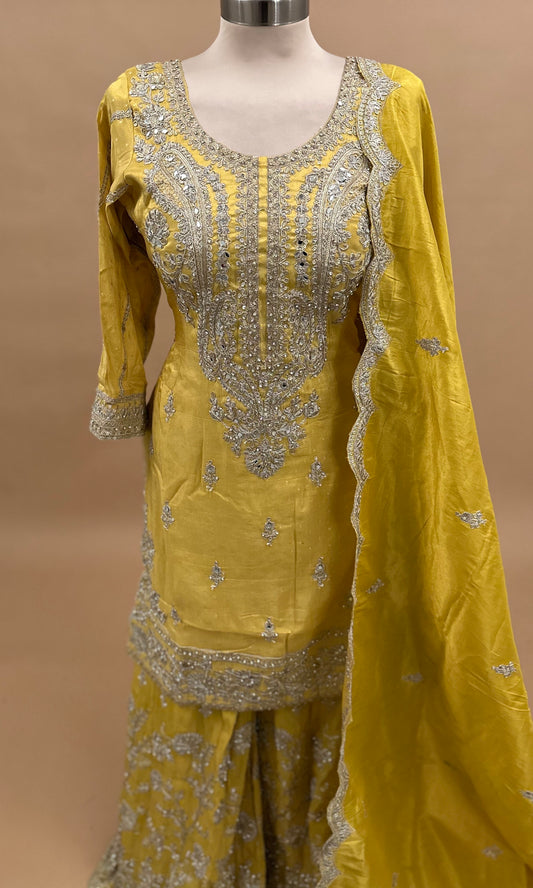 Shimmer Fabric Yellow Color Party Wear Palazzo Suit With Dupatta