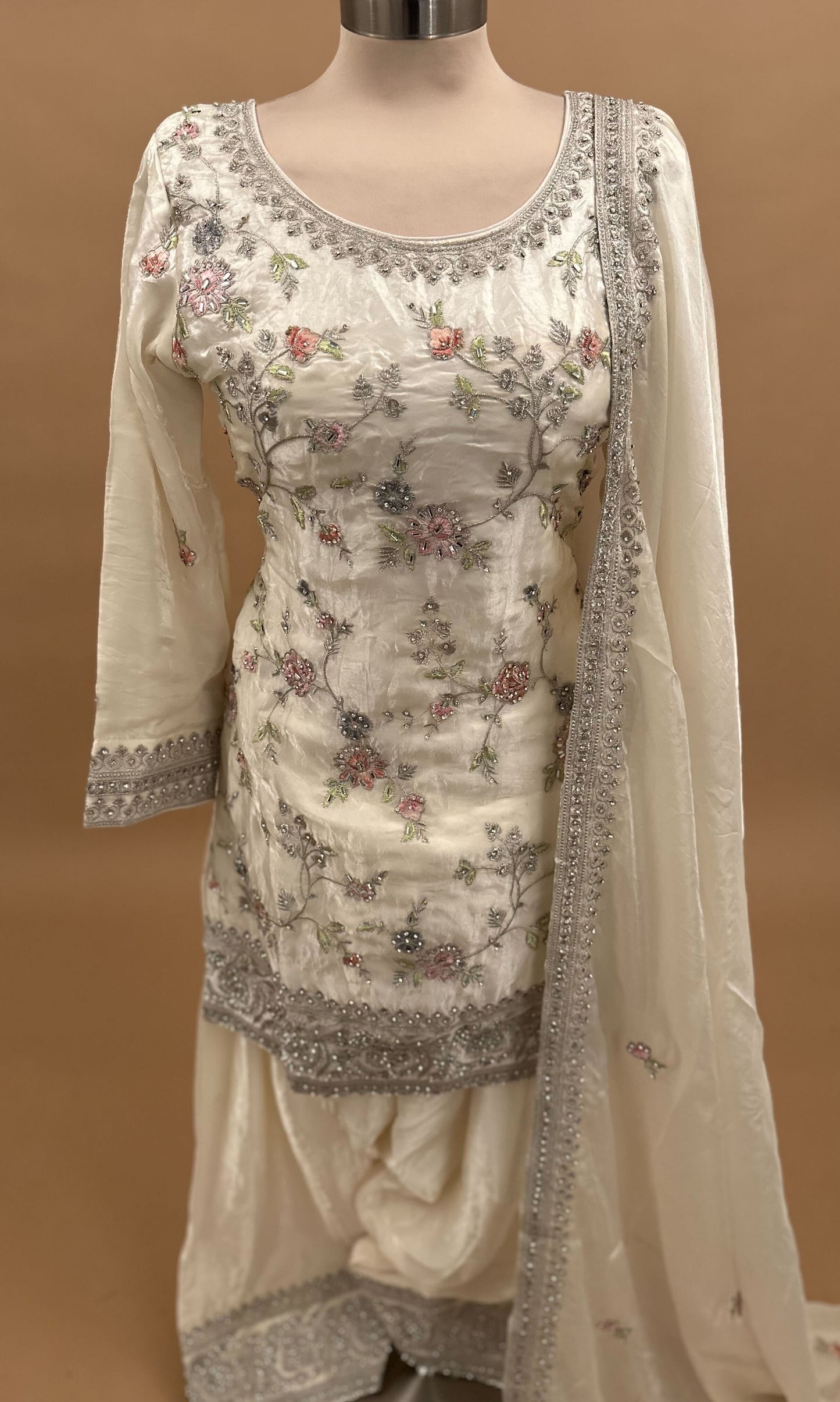 Ivory White Color Stone Work Embroiderey Farshi Salwar Suit With Dupatta
