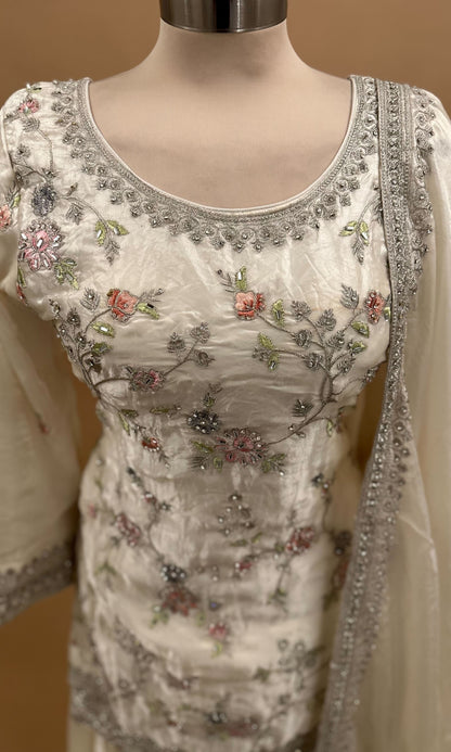 Ivory White Color Stone Work Embroiderey Farshi Salwar Suit With Dupatta