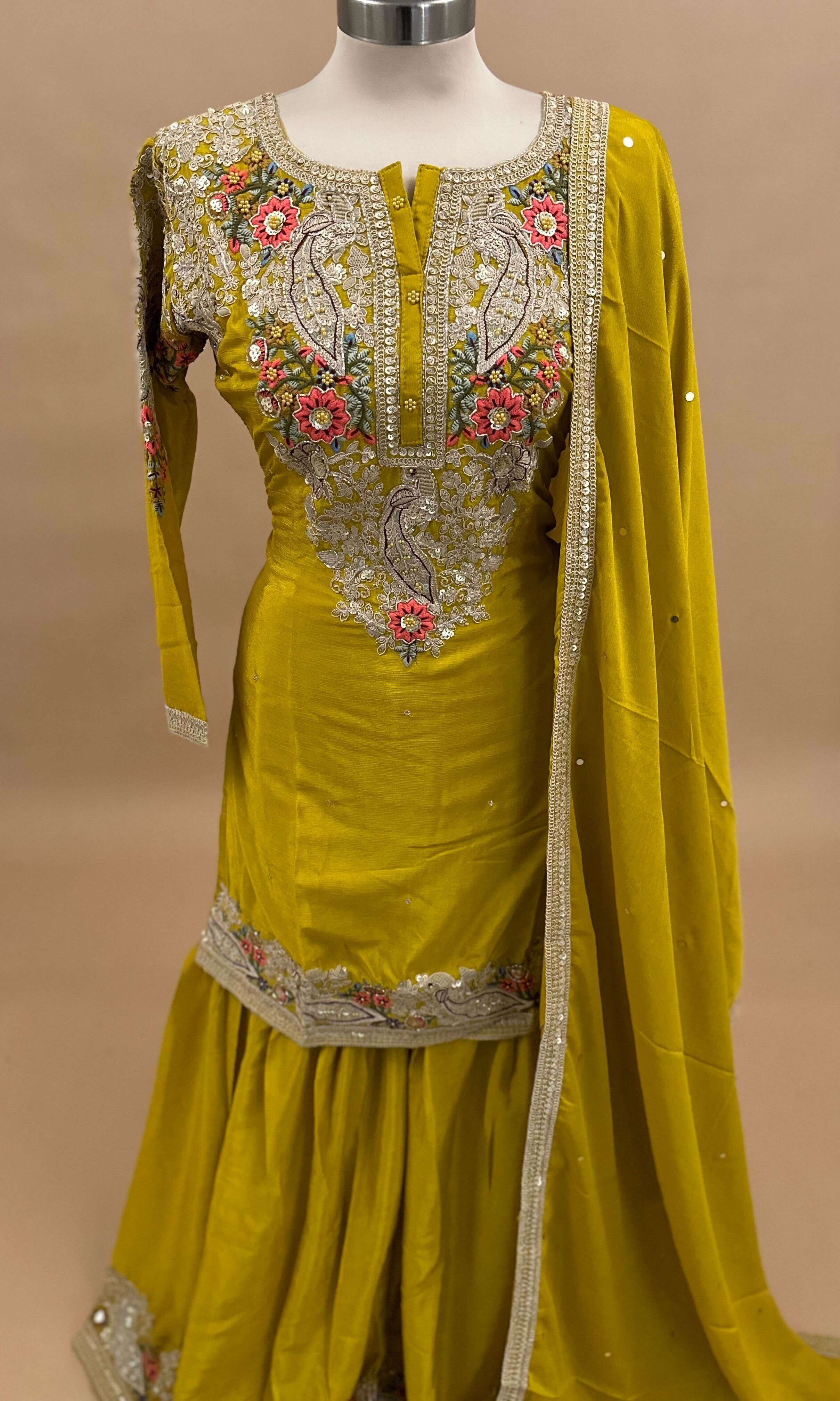 sarara dress party wear yellow colour Shimmer fabric yellow color party wear sharara suit , #dlibaas #sharara #shararasuit #indiansuit #shararaset