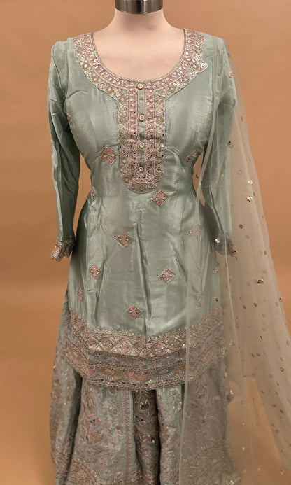 Green Color Sequin Work Embroiderey Party Wear Palazzo Suit With Dupatta