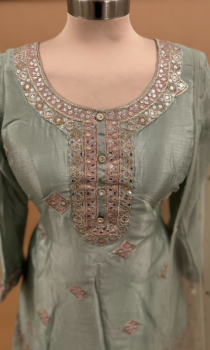 Green Color Sequin Work Embroiderey Party Wear Palazzo Suit With Dupatta