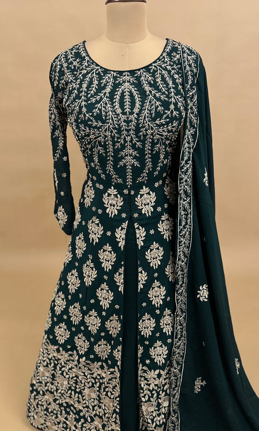 Green Color Heavy Stone Work Embroiderey Party Wear Indo-western Dress