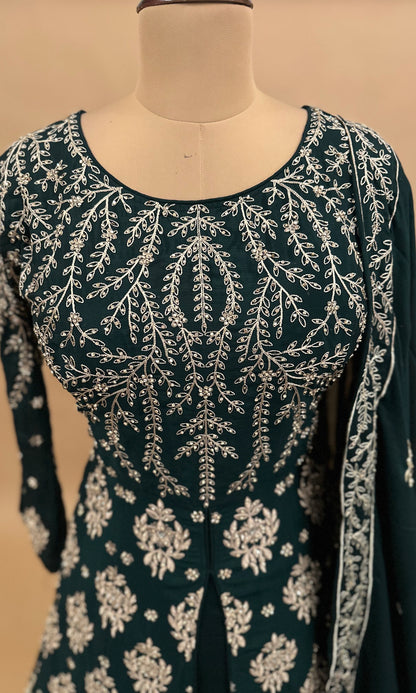 Green Color Heavy Stone Work Embroiderey Party Wear Indo-western Dress