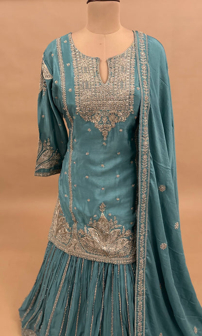 Teal Blue Color On Chinon Fabric Outfit With Skirt On Bottom