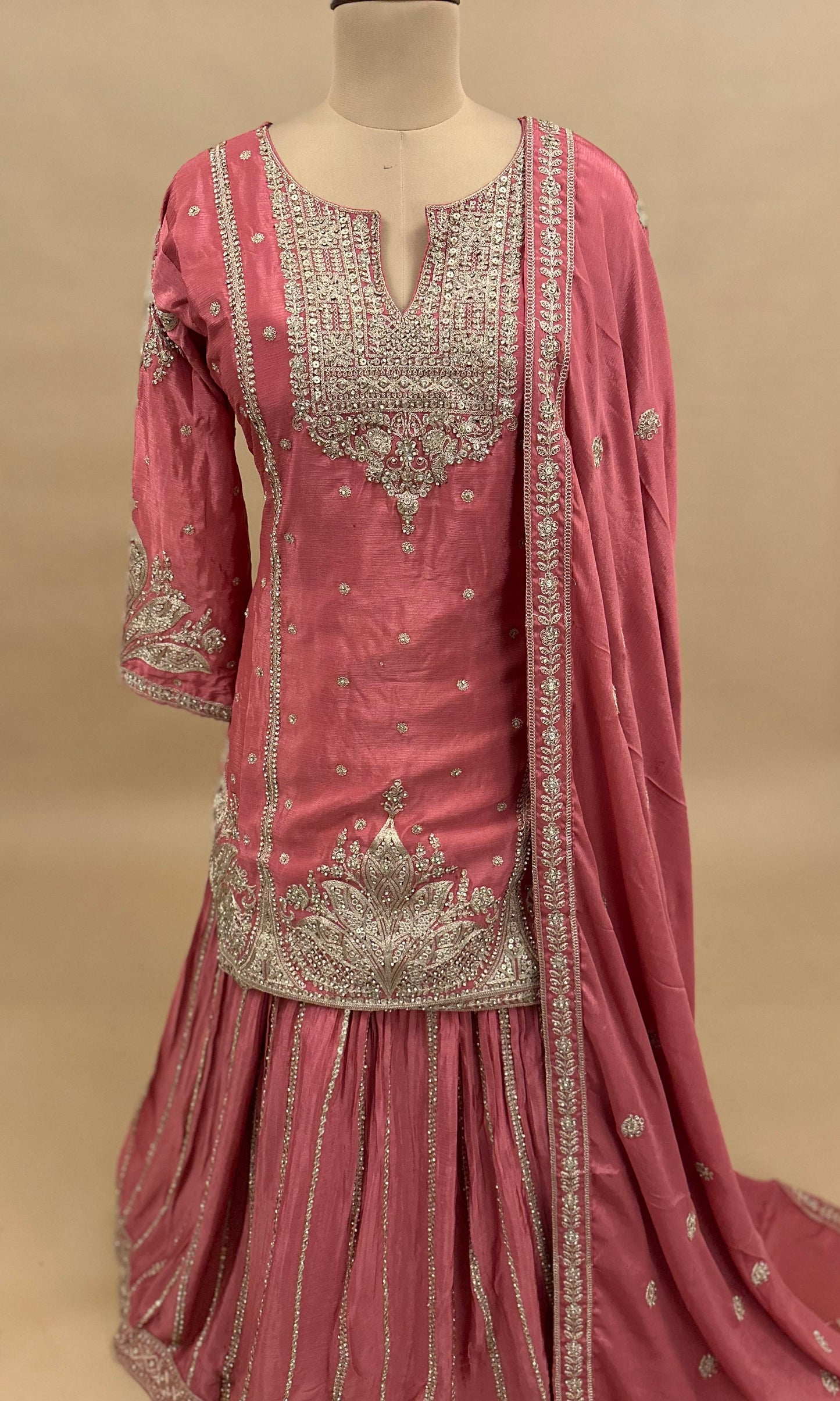 Blush Pink Color On Chinon Fabric Outfit With Skirt On Bottom