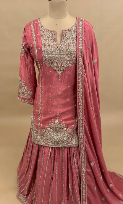 Blush Pink Color On Chinon Fabric Outfit With Skirt On Bottom