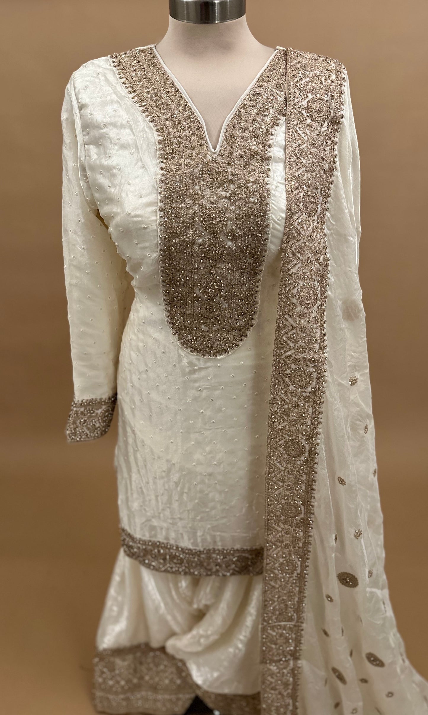 Stone Work Off White Color Embroiderey Party Wear Farshi Salwar Suit With Dupatta