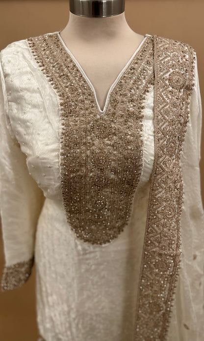 Stone Work Off White Color Embroiderey Party Wear Farshi Salwar Suit With Dupatta