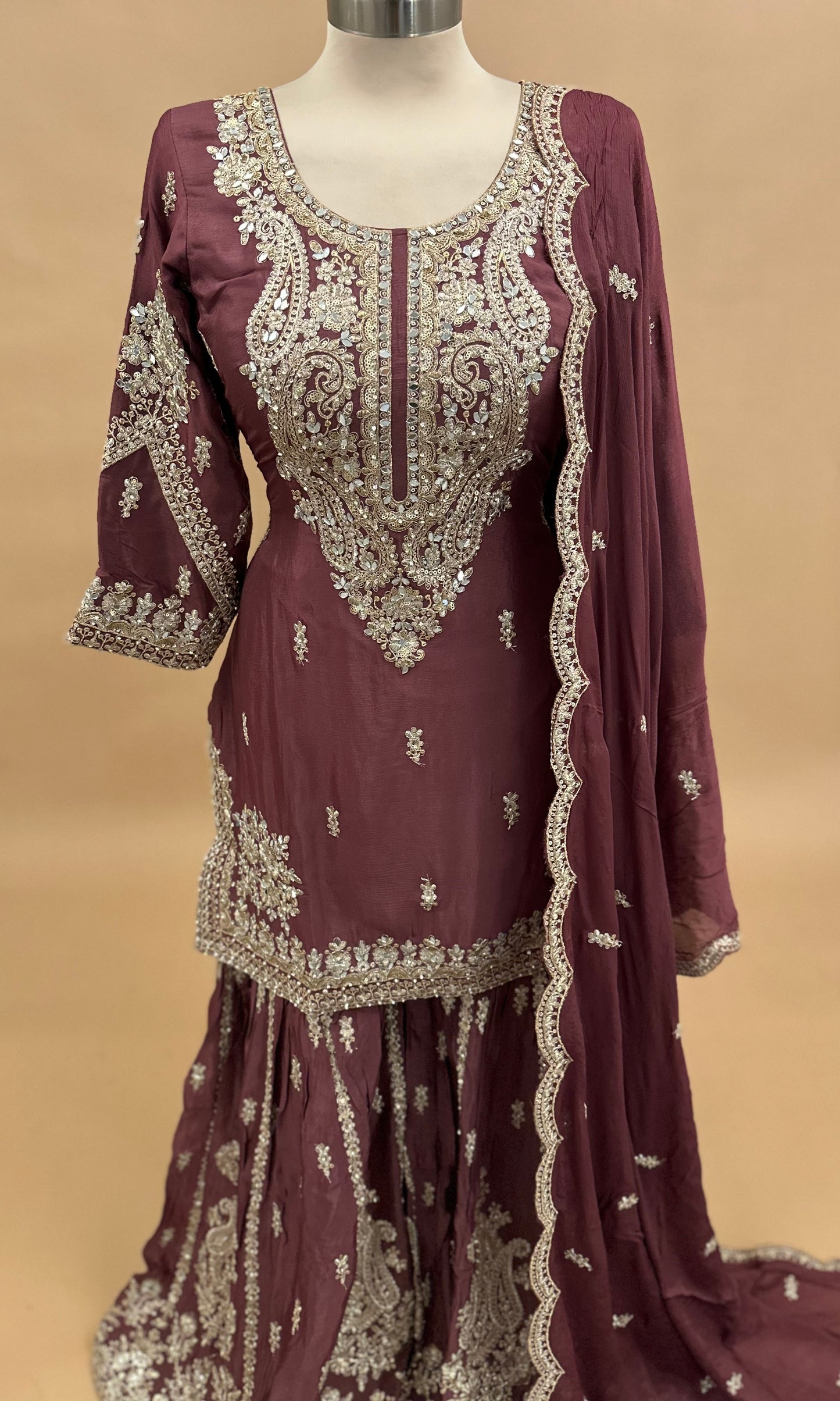 Mirror Work Embroiderey Chinon Fabric Sharara Suit Rust Color With Dupatta