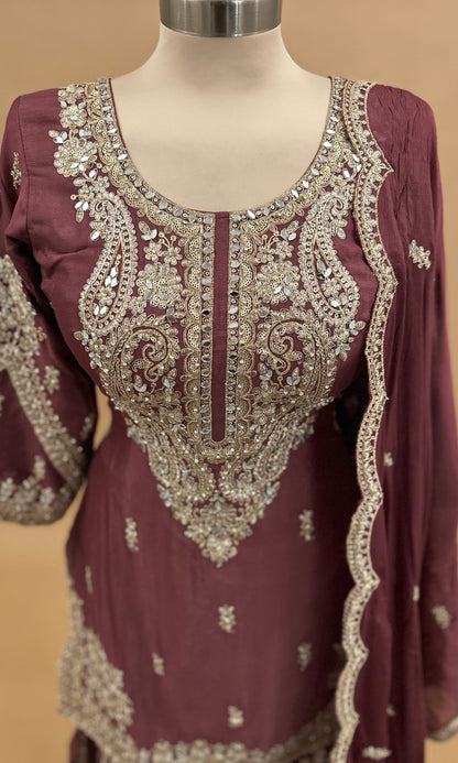 Mirror Work Embroiderey Chinon Fabric Sharara Suit Rust Color With Dupatta