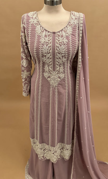 Heavy Beads Work Embroiderey A Line Anarkali Palazzo Suit Purple Color With Dupatta