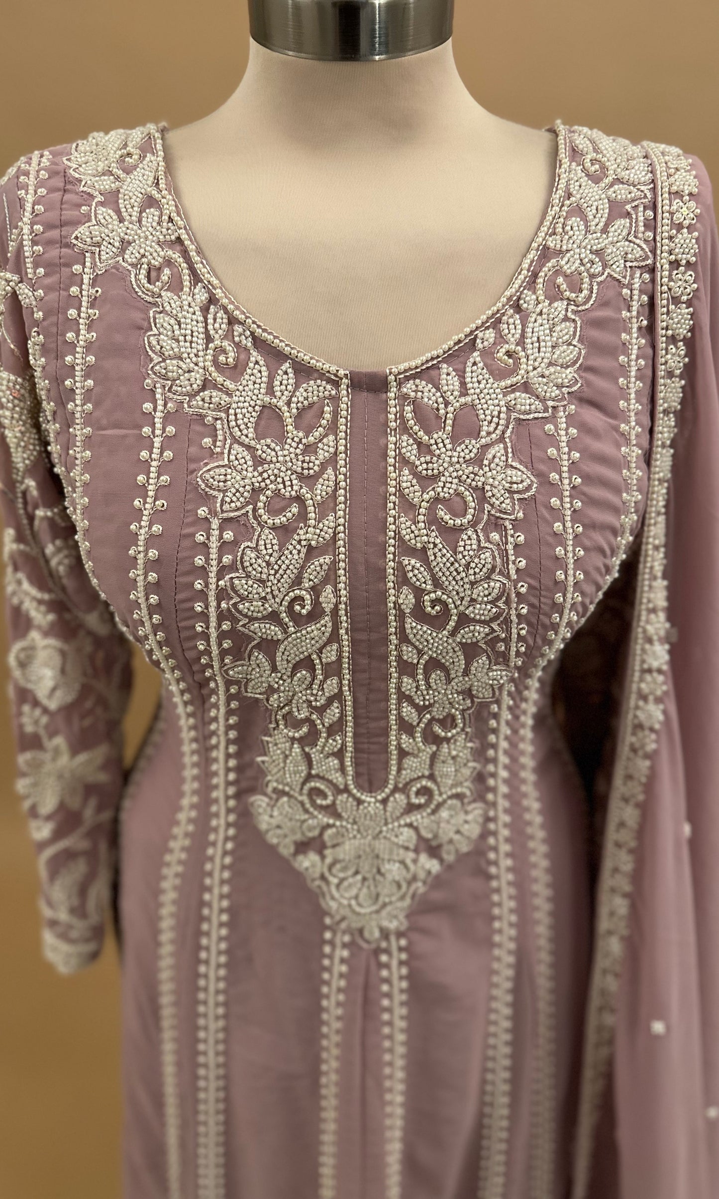 Heavy Beads Work Embroiderey A Line Anarkali Palazzo Suit Purple Color With Dupatta