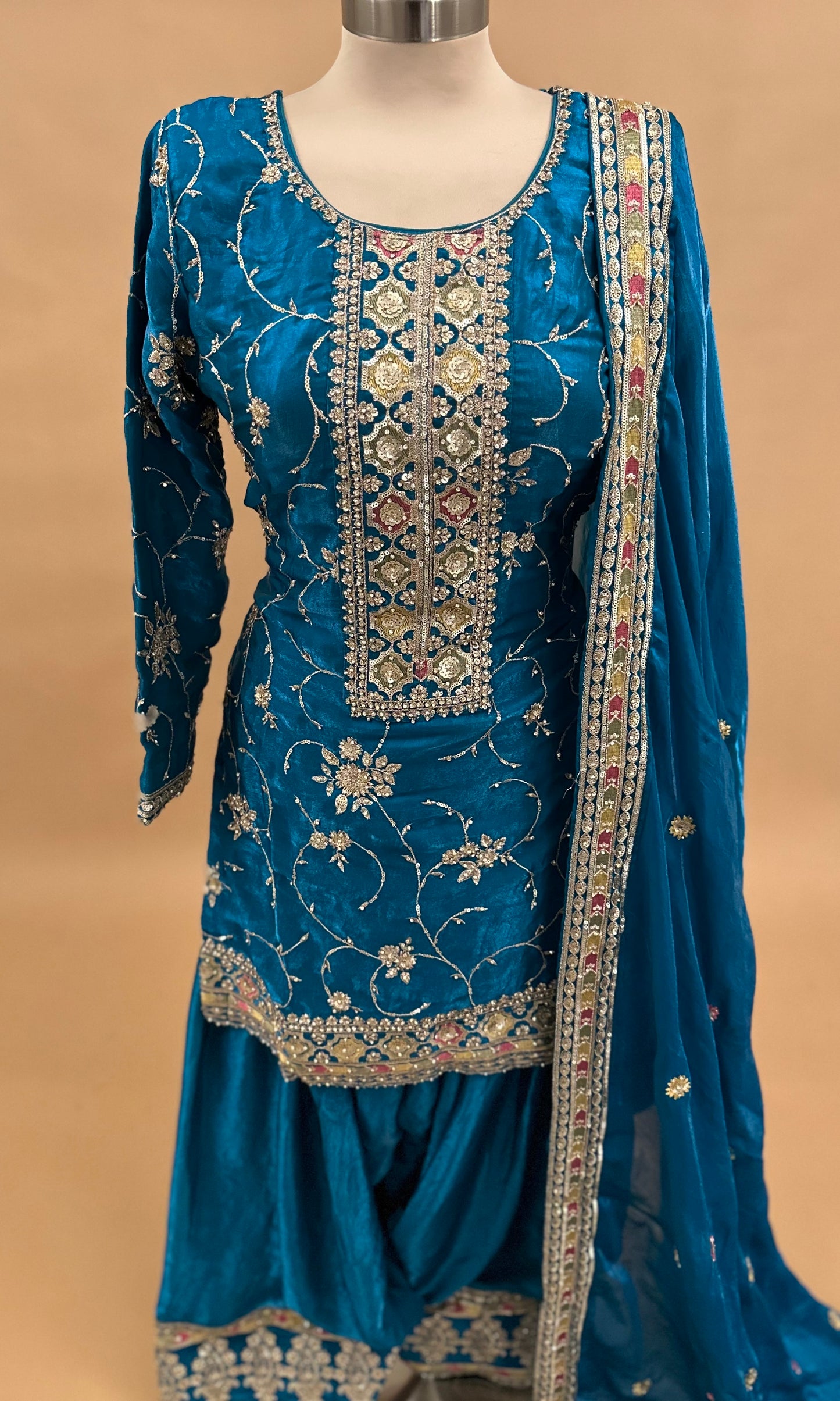 Stone Work Embroiderey Blue Color Party Wear Farshi Salwar Suit With Dupatta