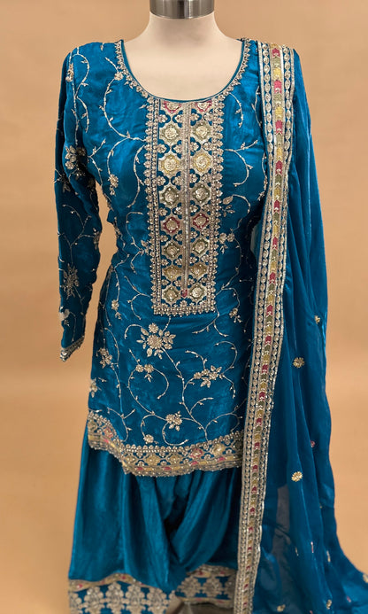 Stone Work Embroiderey Blue Color Party Wear Farshi Salwar Suit With Dupatta