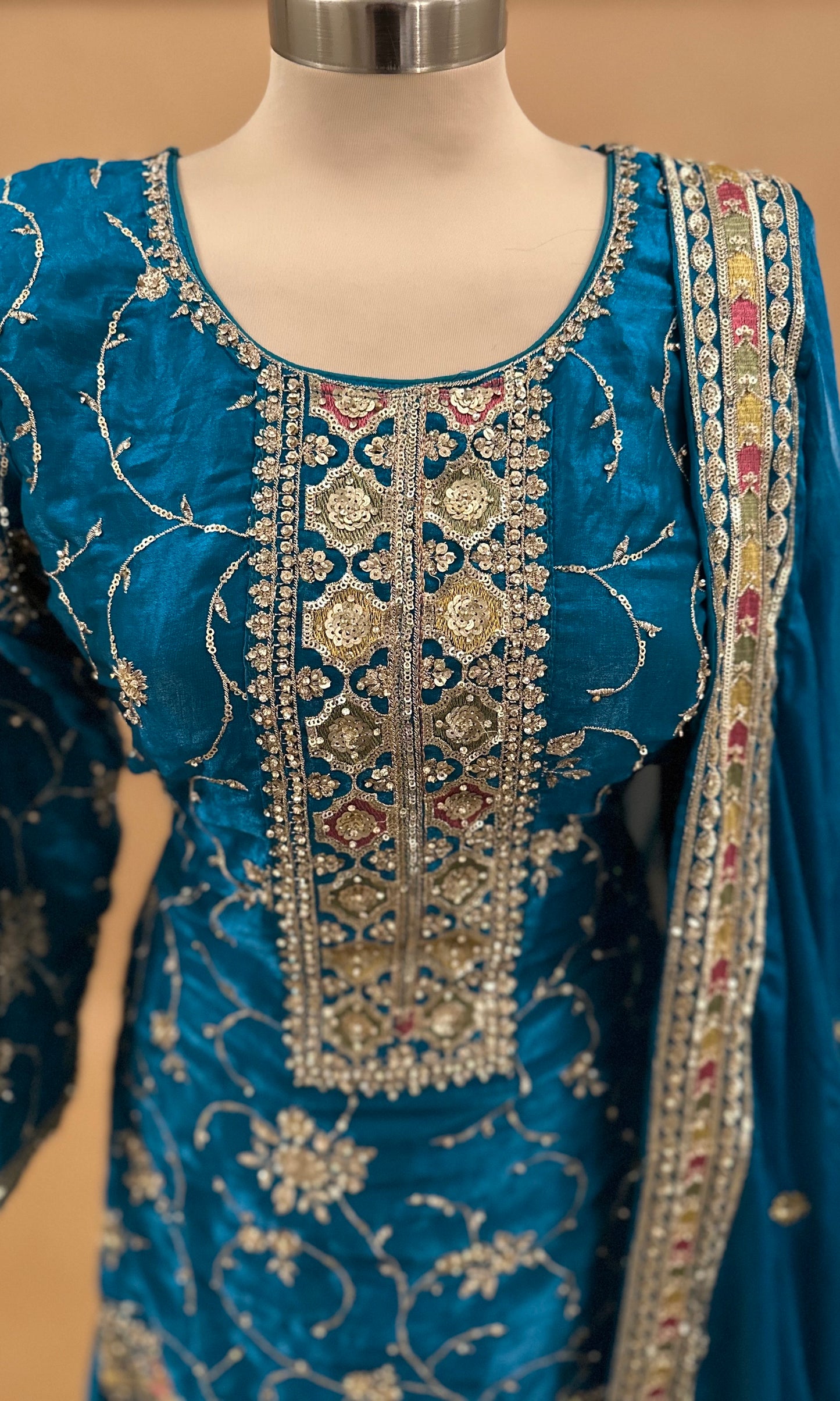 Stone Work Embroiderey Blue Color Party Wear Farshi Salwar Suit With Dupatta