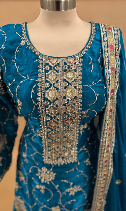 Stone Work Embroiderey Blue Color Party Wear Farshi Salwar Suit With Dupatta