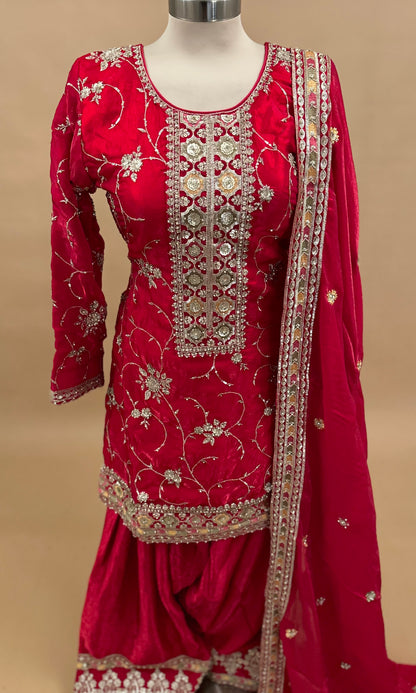 Stone Work Embroiderey Red Color Party Wear Farshi Salwar Suit With Dupatta