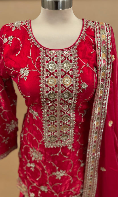 Stone Work Embroiderey Red Color Party Wear Farshi Salwar Suit With Dupatta