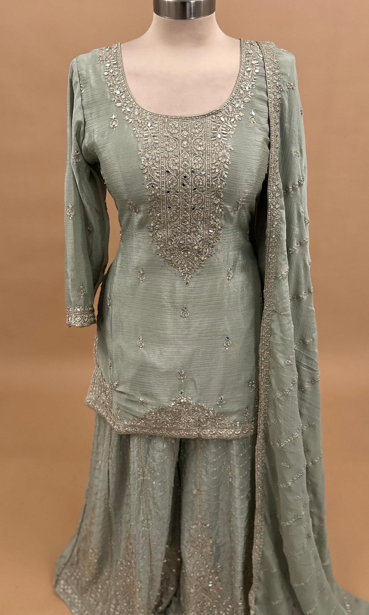 Mirror Work Embroiderey Green Color Chinon Fabric Palazzo Suit With Dupatta