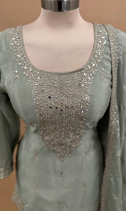 Mirror Work Embroiderey Green Color Chinon Fabric Palazzo Suit With Dupatta