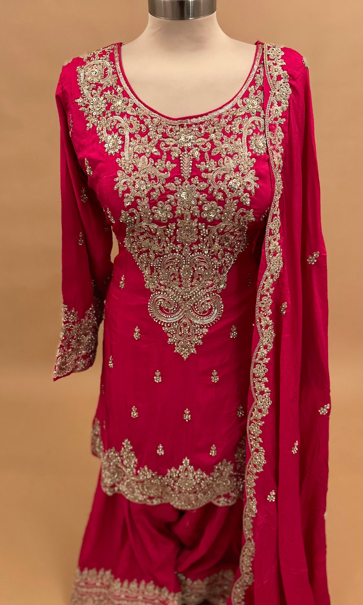 Heavy Stone Work Embroiderey Pinkish Red Color Farshi Salwar Suit With Dupatta